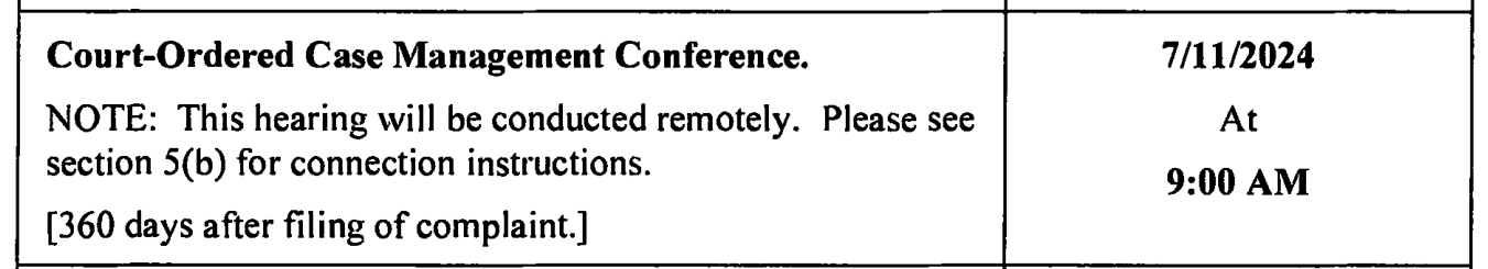 Scanned source: the "Case Management Conference" row of the case management order